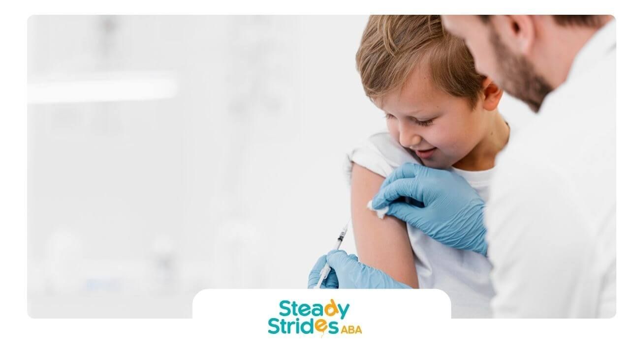 An ABA therapist gently administering a vaccine to an autistic child in a clean medical setting