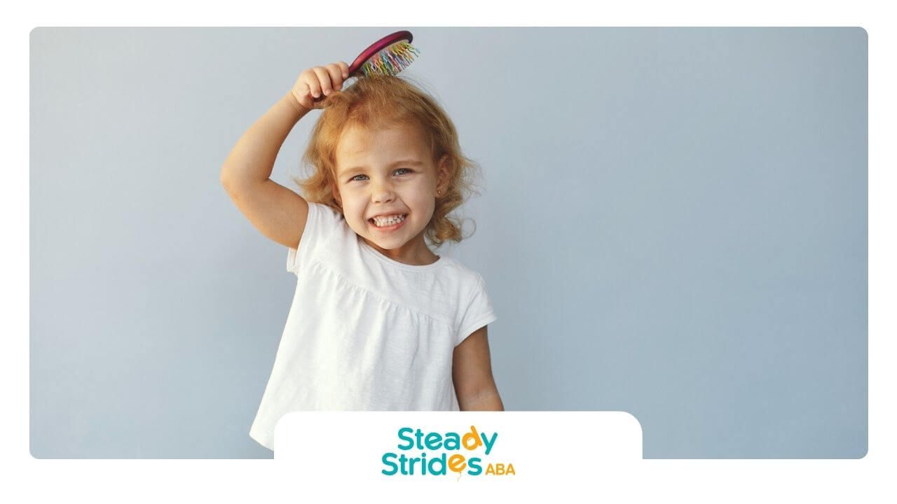 A little girl with autism is brushing her hair with a brush.