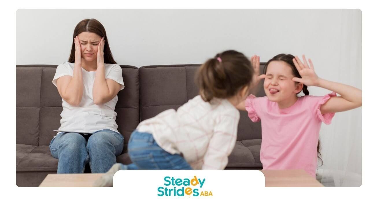 Overstimulated autistic kids play loudly as therapist covers ears, showing sensory overload at home.