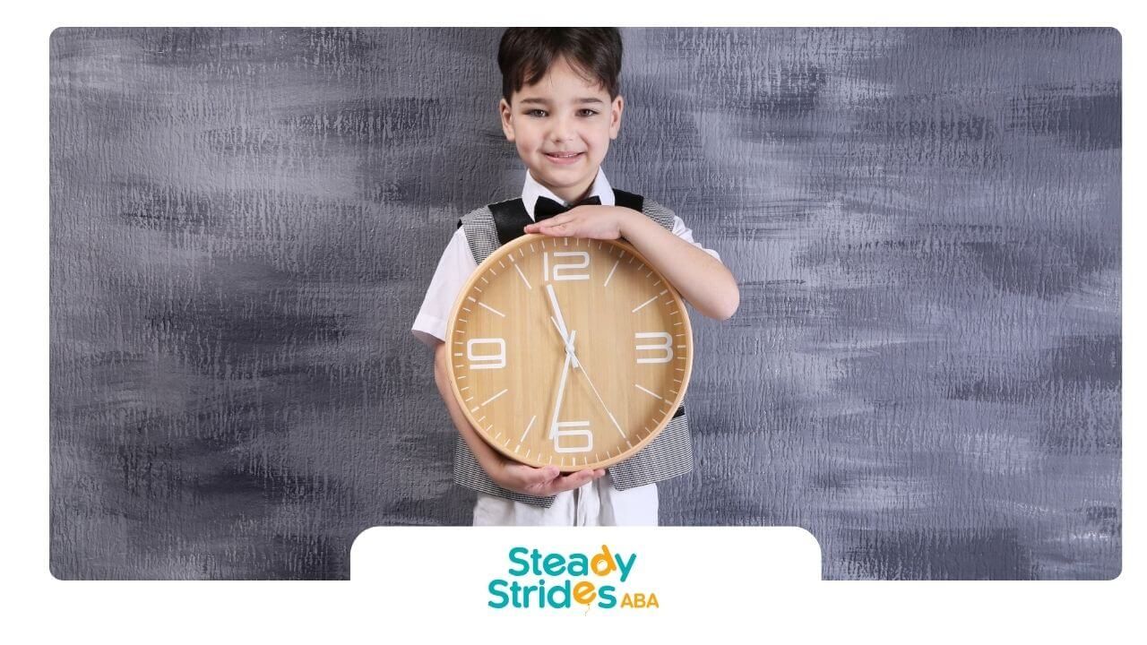 An autistic boy holding a large clock, representing learning time management and daily routine.