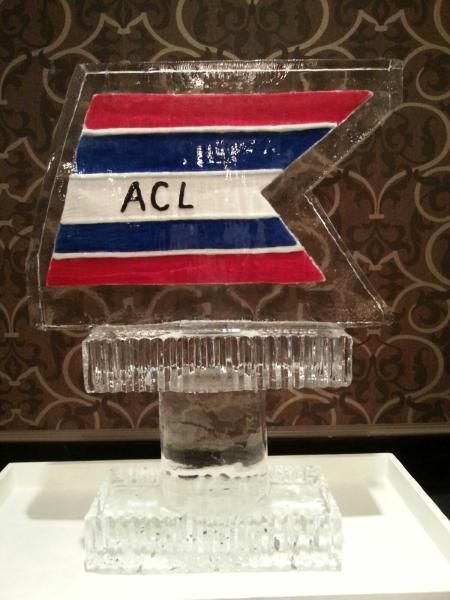 Red, white, and blue ACL award plaque on a clear crystal base against a dark patterned background.