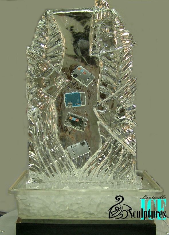 Clear glass trophy with blue accents on a frosted base against a plain background