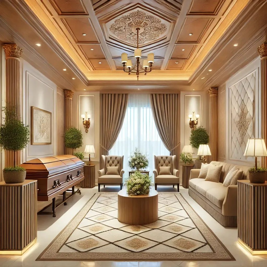 A formal, opulent room with a wooden casket placed in the foreground, arranged like a sophisticated funeral parlor.