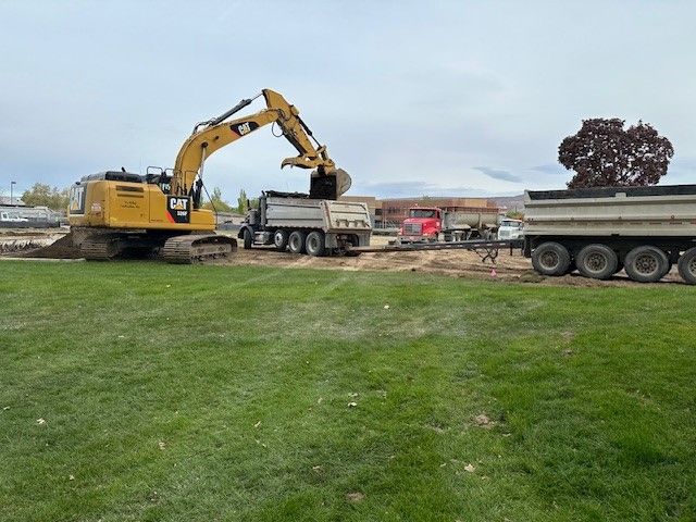 Excavator loading dirt into dump trucks on a grassy construction site under an overcast sky.