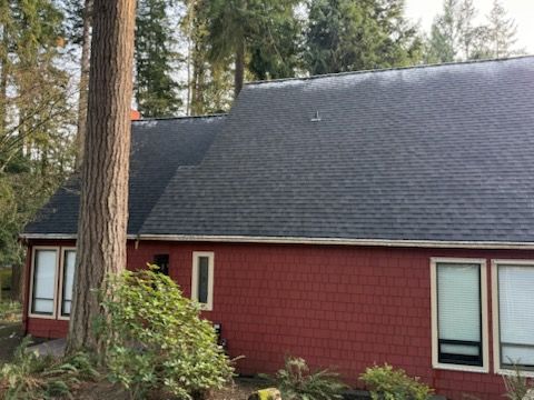 Red house with dark roof, tree in foreground, windows, and trees in the background.
