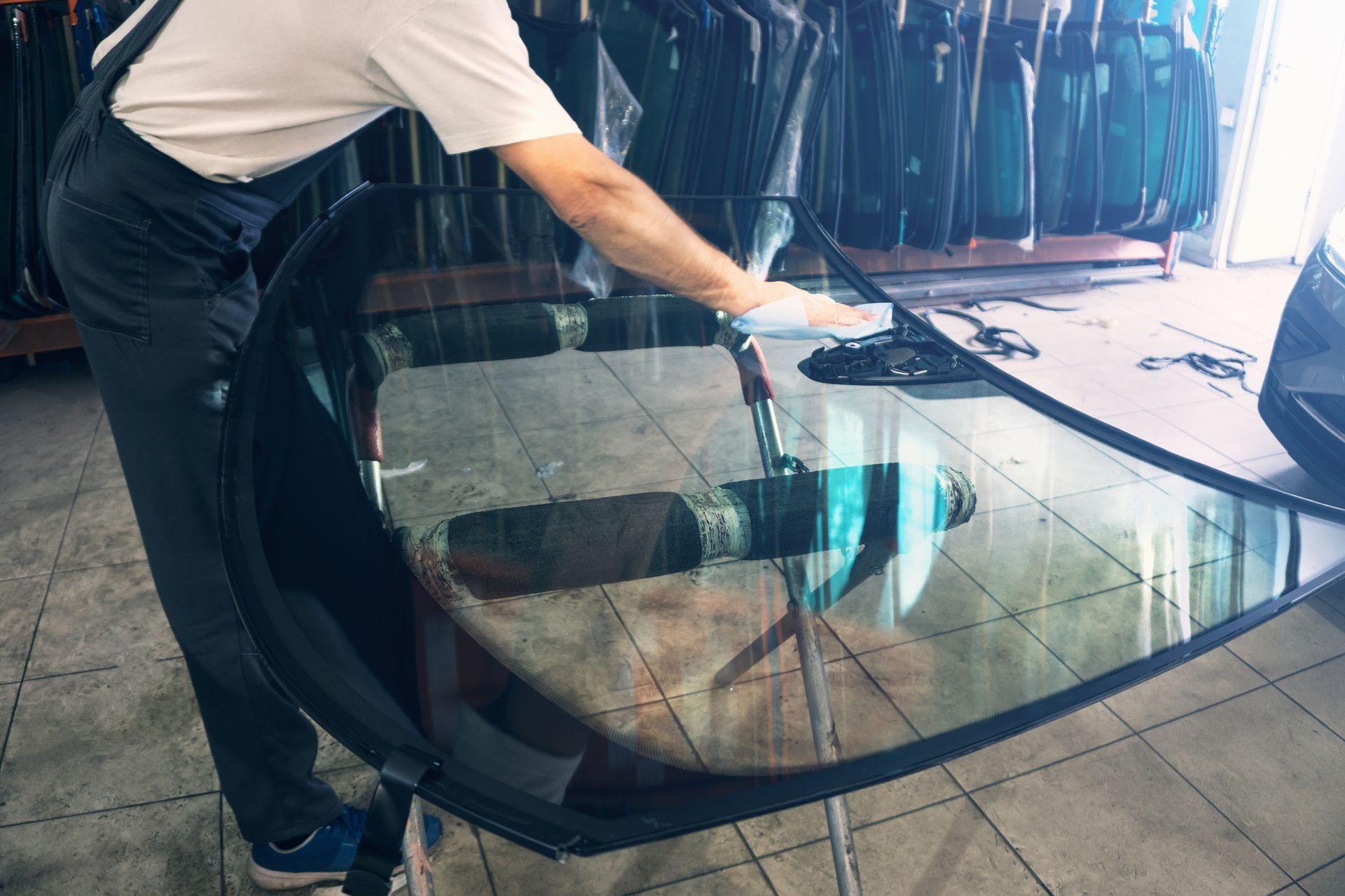 Luxury windshield repair technician preps glass by degreasing it before installation service.