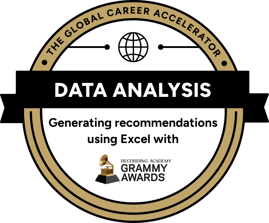 certification badge: Data Analysis — Generating recommendations using Excel with The Grammy Awards