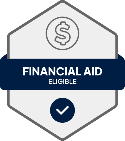 Badge: Financial Aid Eligible, blue banner, building icon, dollar sign.