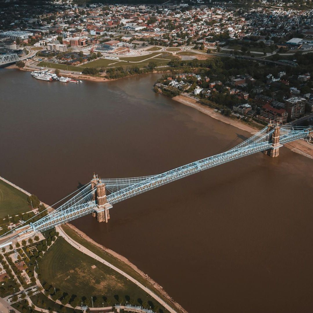 An aerial view of a bridge over a river