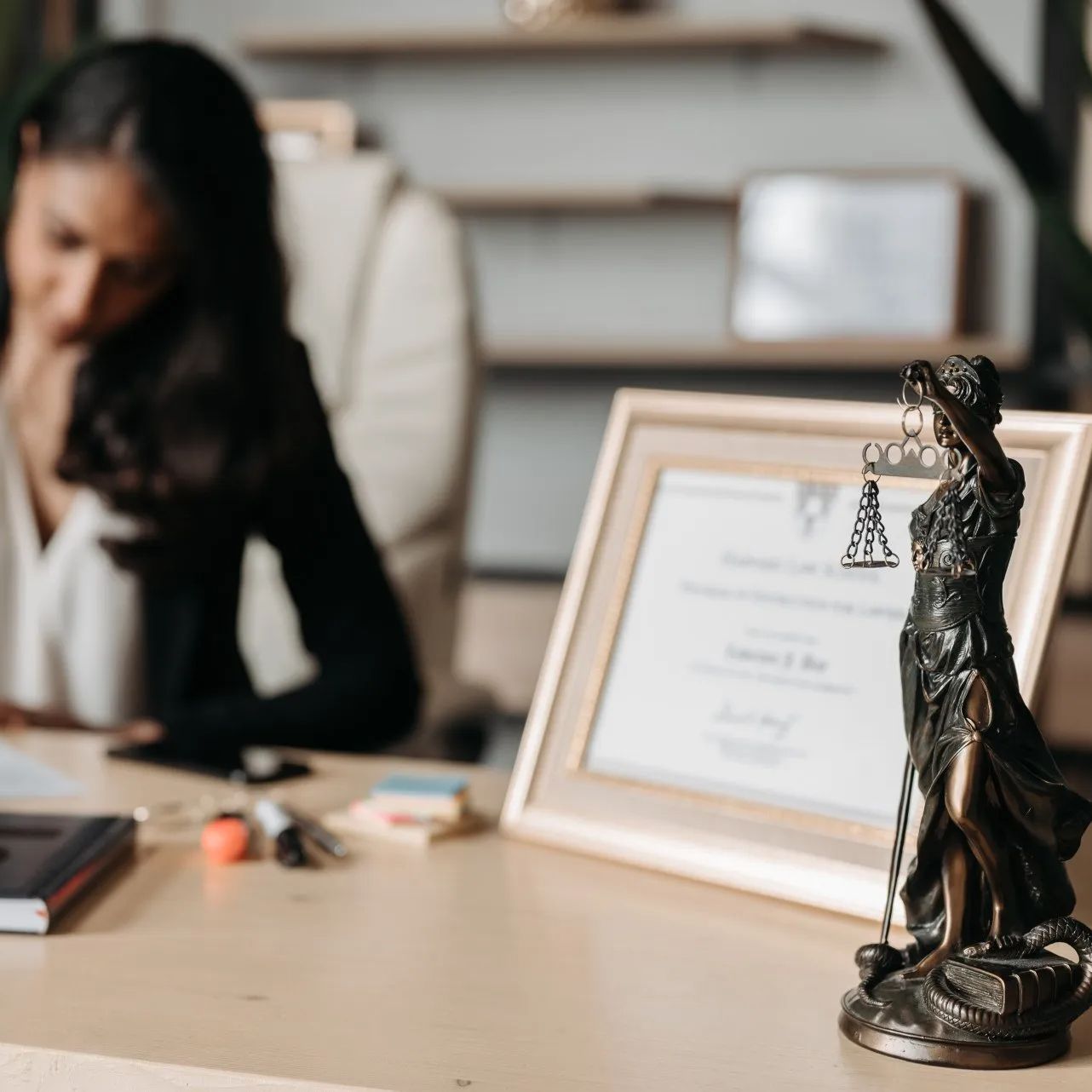 A woman is sitting at a desk with a statue of justice on it