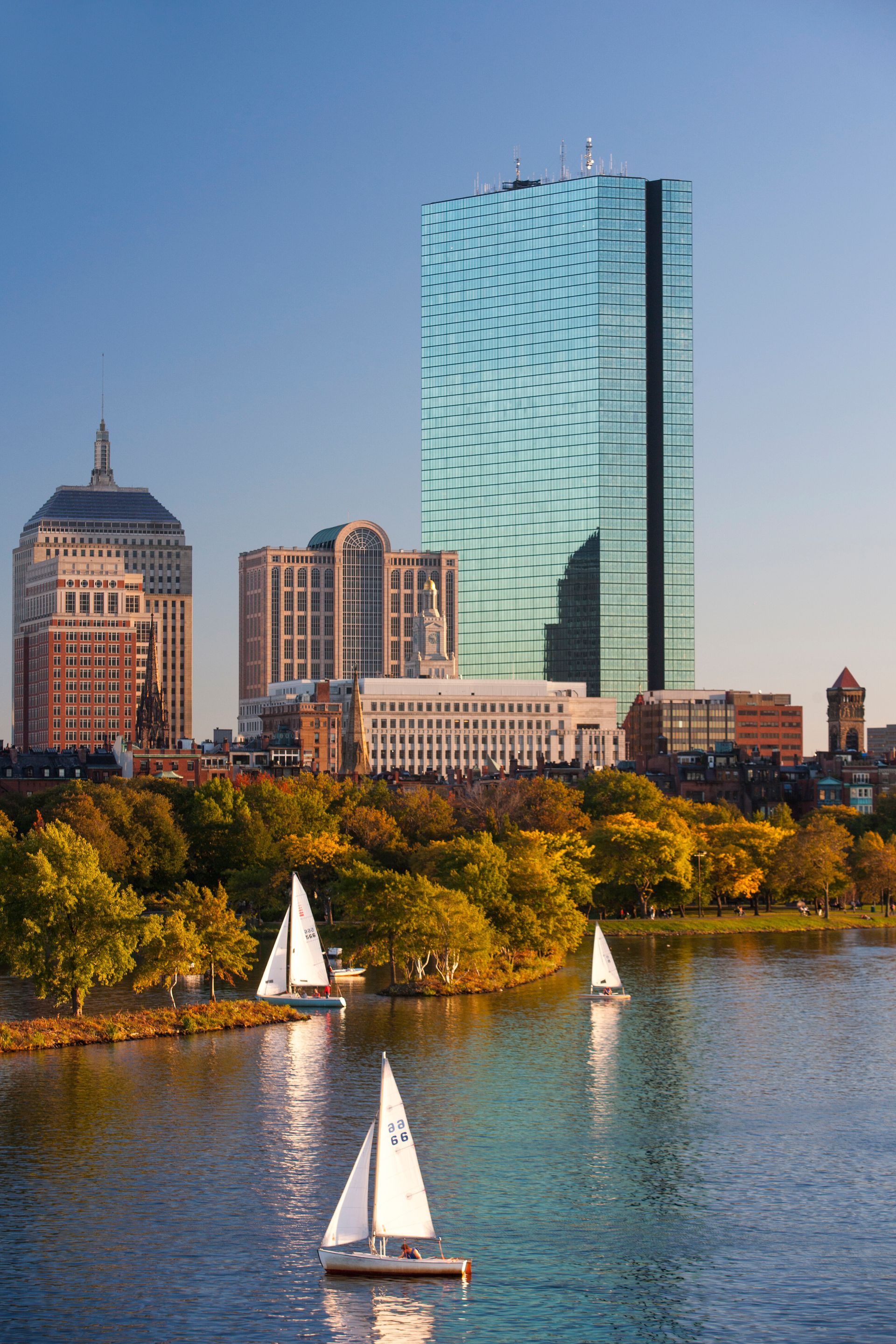 A group of sailboats are floating on a lake with a tall building in the background