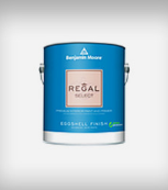A can of benjamin moore regal select paint on a white background.