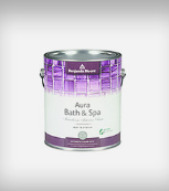 A can of aura bath and spa paint on a white background.