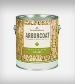 A can of benjamin moore arborcoat solid paint on a white background.