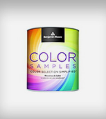 A can of benjamin moore color samples on a white background.