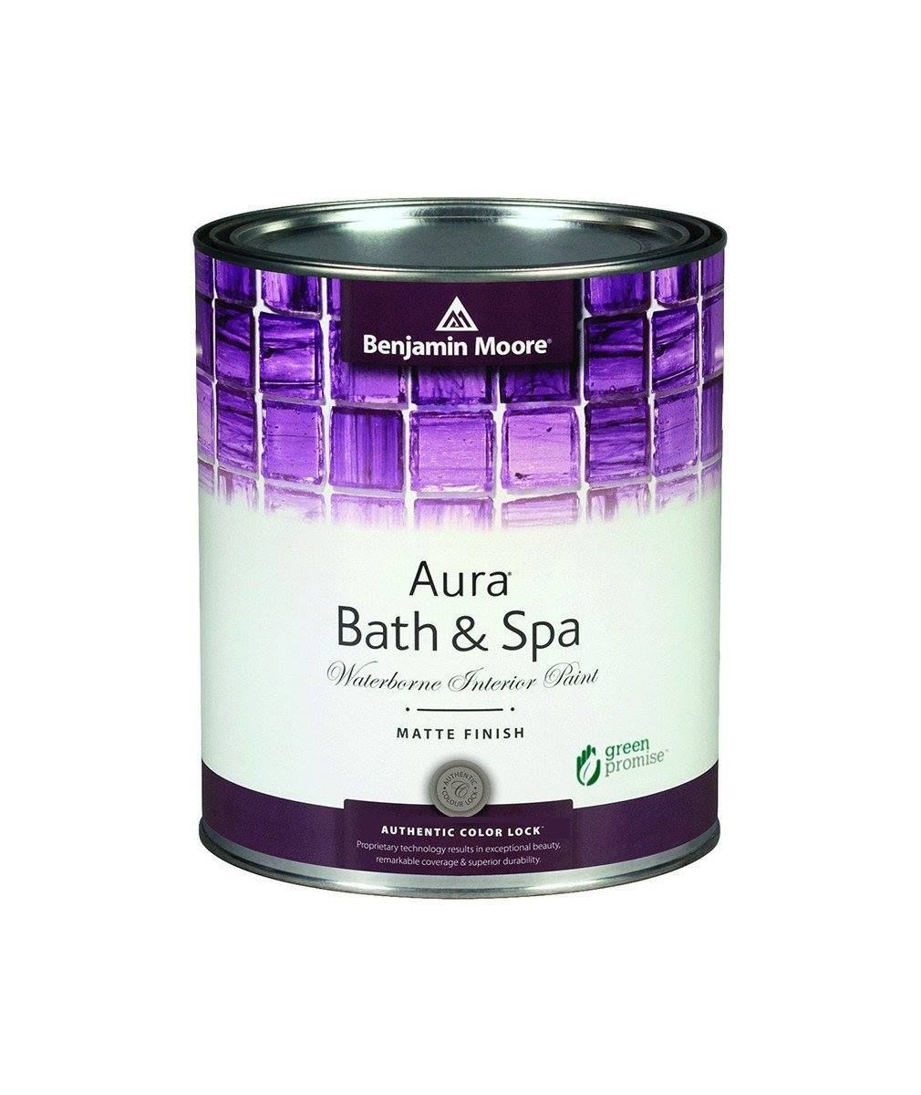 A can of benjamin moore aura bath and spa paint.