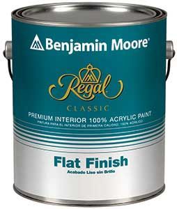 A can of benjamin moore regal classic flat finish acrylic paint.