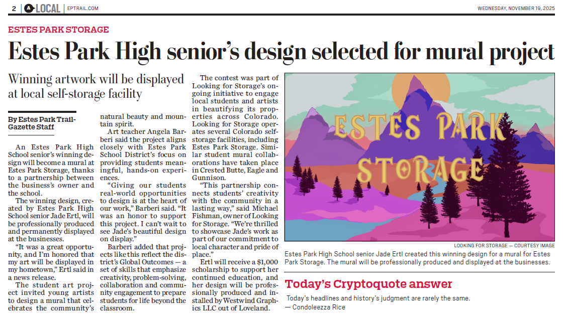 Jade Ertl's winning mural design featuring Estes Park Storage with purple mountains and evergreen trees