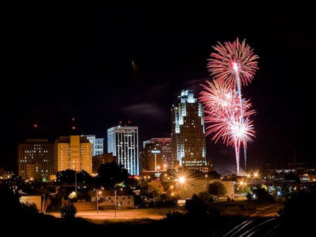 Raleigh skyline with fireworks on New Years