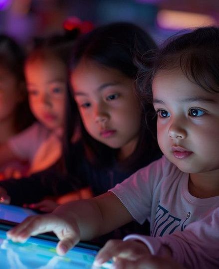 Tres niños se inclinan sobre una tableta brillante en una habitación con poca luz, con los rostros iluminados por la pantalla.