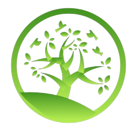 A green tree with leaves in a circle on a white background.