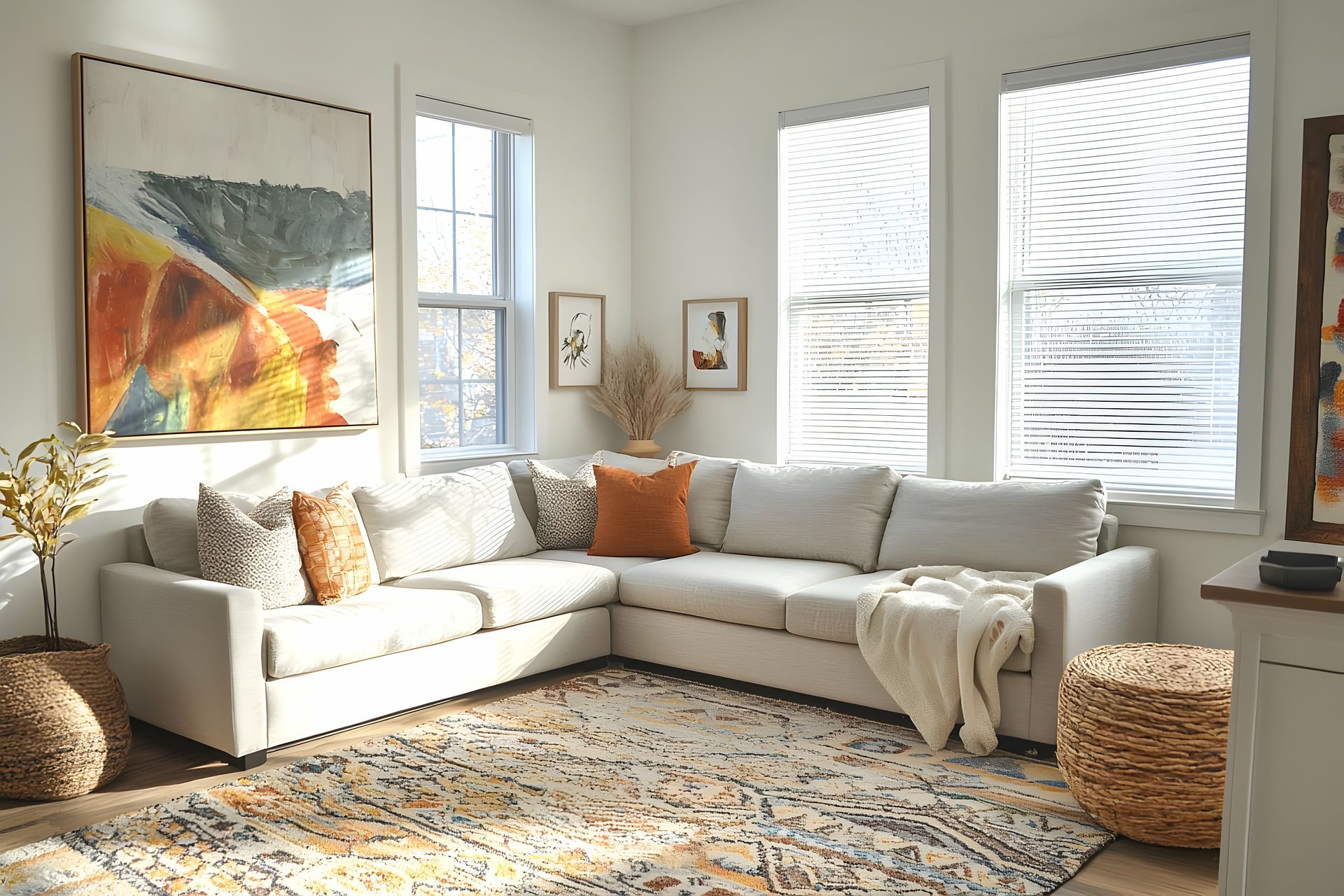 Cozy living room with sectional sofa, rug, artwork, and sunlight streaming through windows.