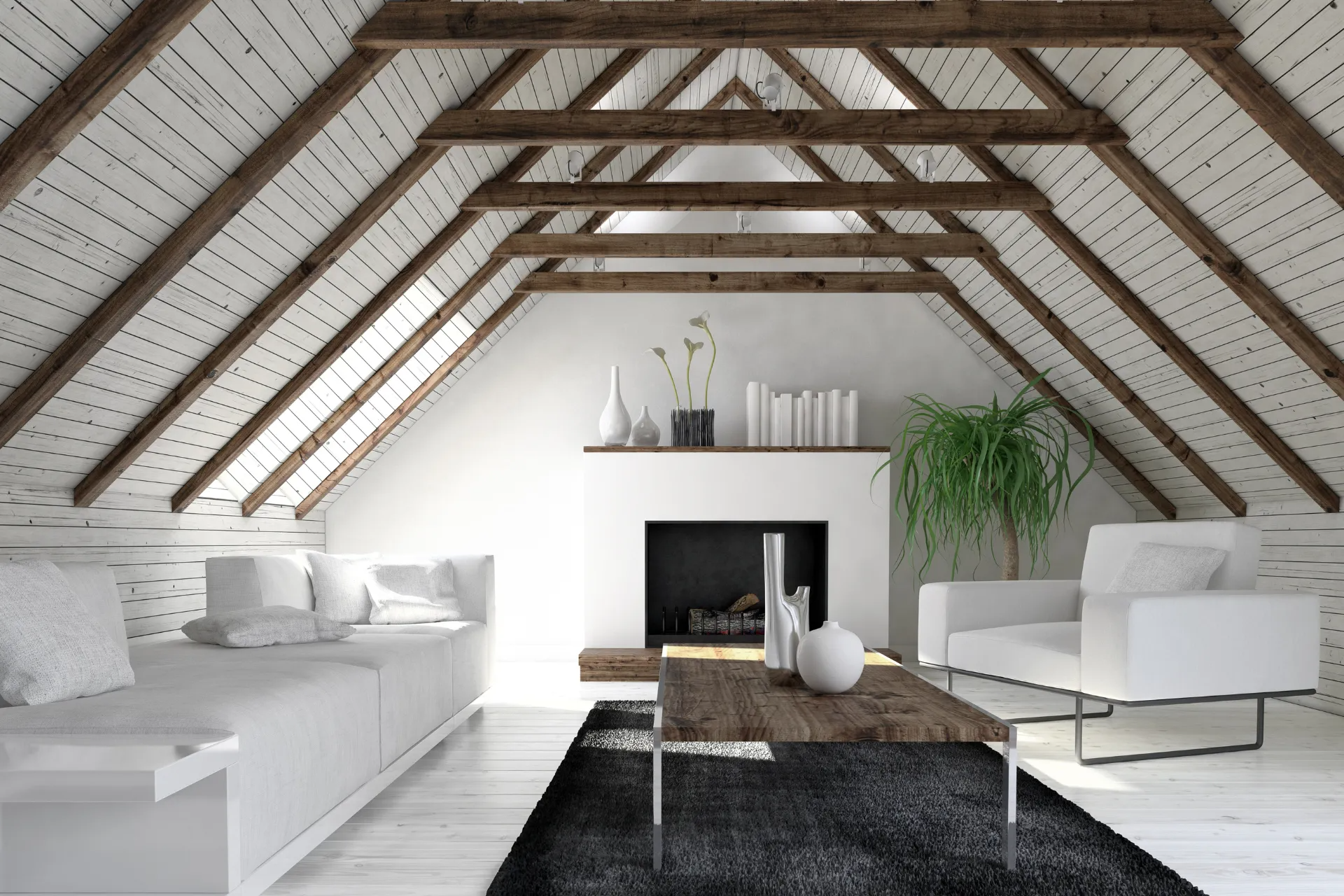 Cozy white attic living room with fireplace, exposed wooden beams, and modern white furniture.