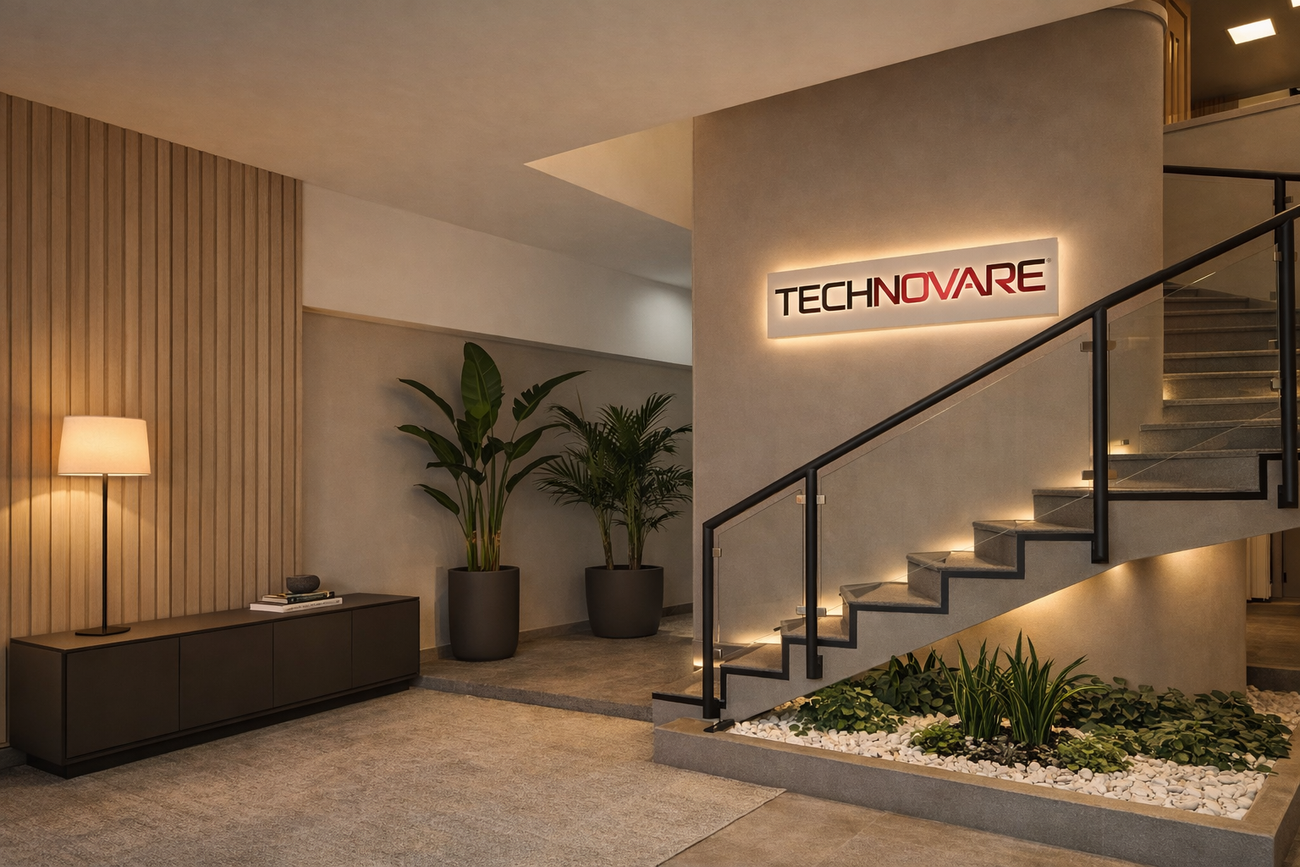 Una moderna hall per uffici con insegna retroilluminata