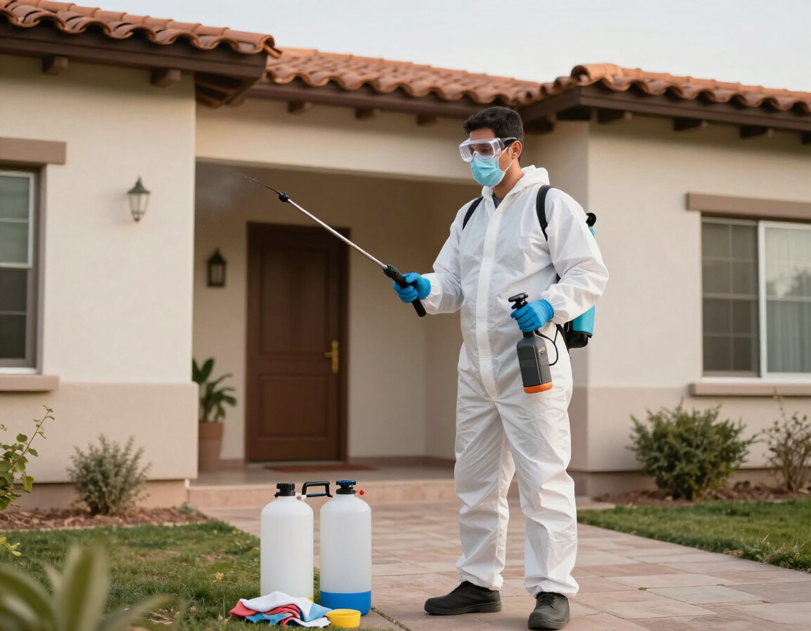 Técnico de HACCP FUMIGACIONES realizando inspección profesional de control de plagas en una propiedad