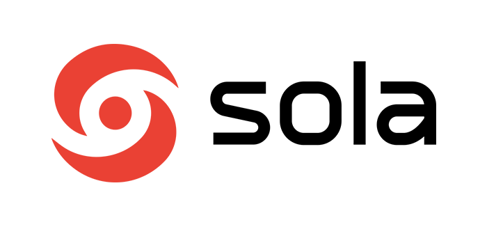 The sola logo has a red circle and the word sola in black letters.