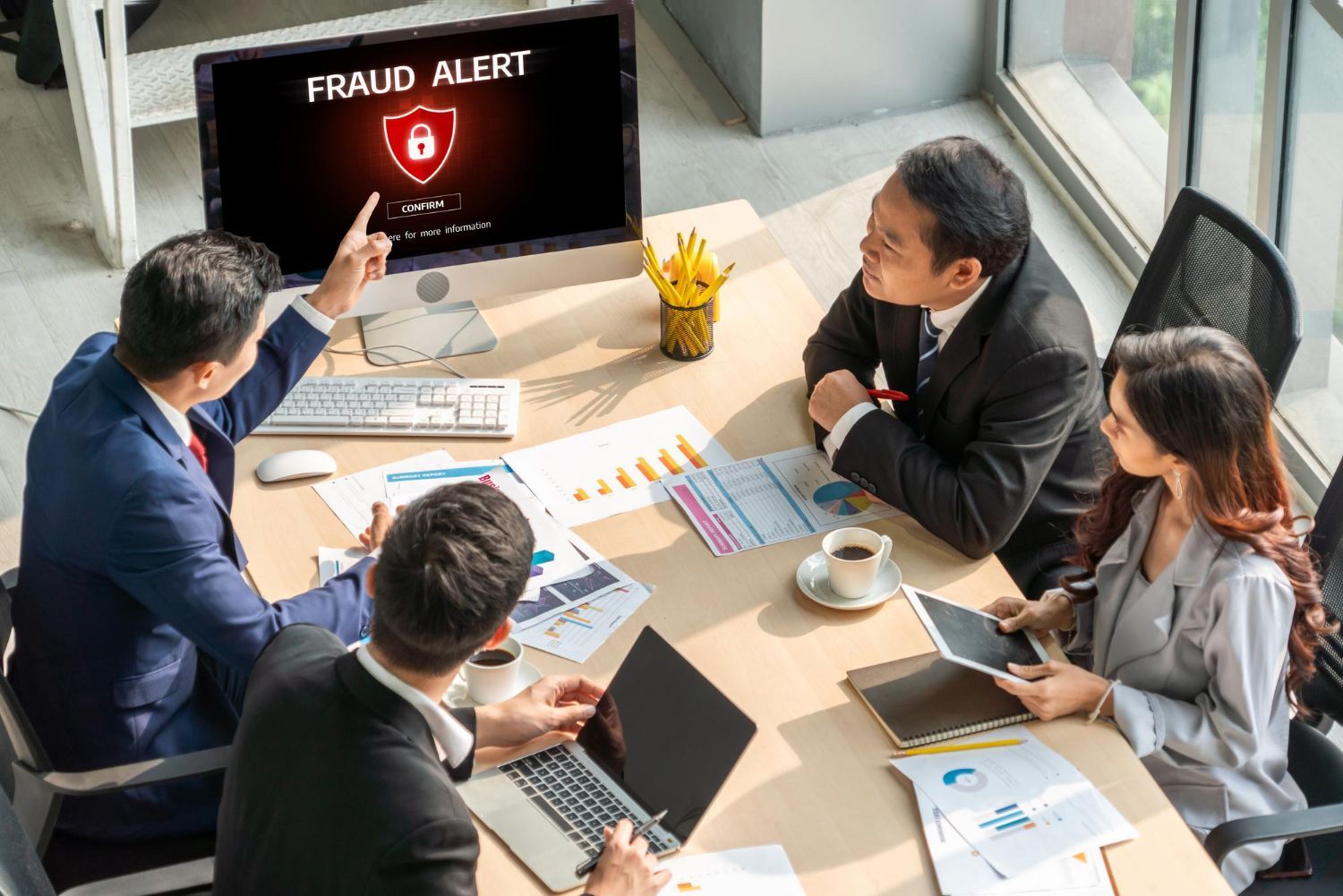 Business team in office meeting, pointing at computer with “Fraud Alert” displayed.
