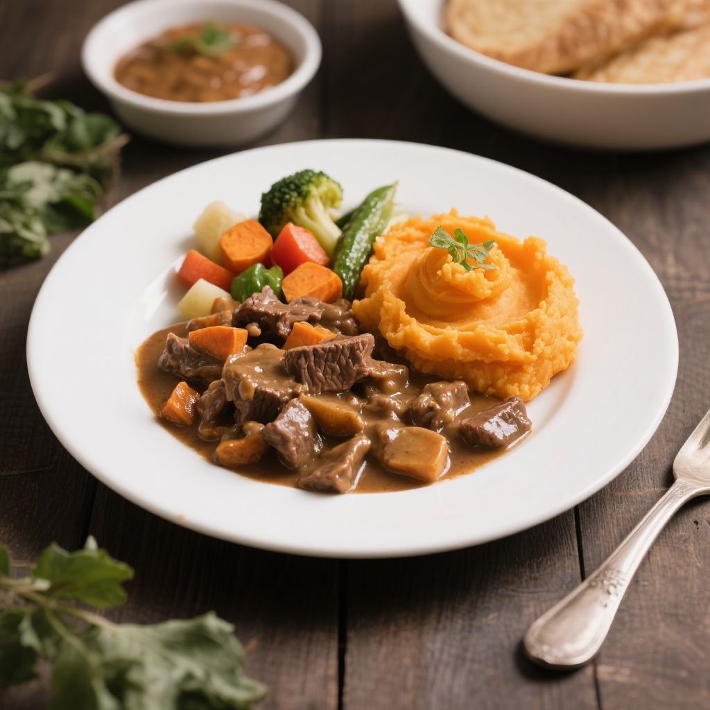 Beef Stroganoff with Sweet Potato Mash and Seasonal Vegetables