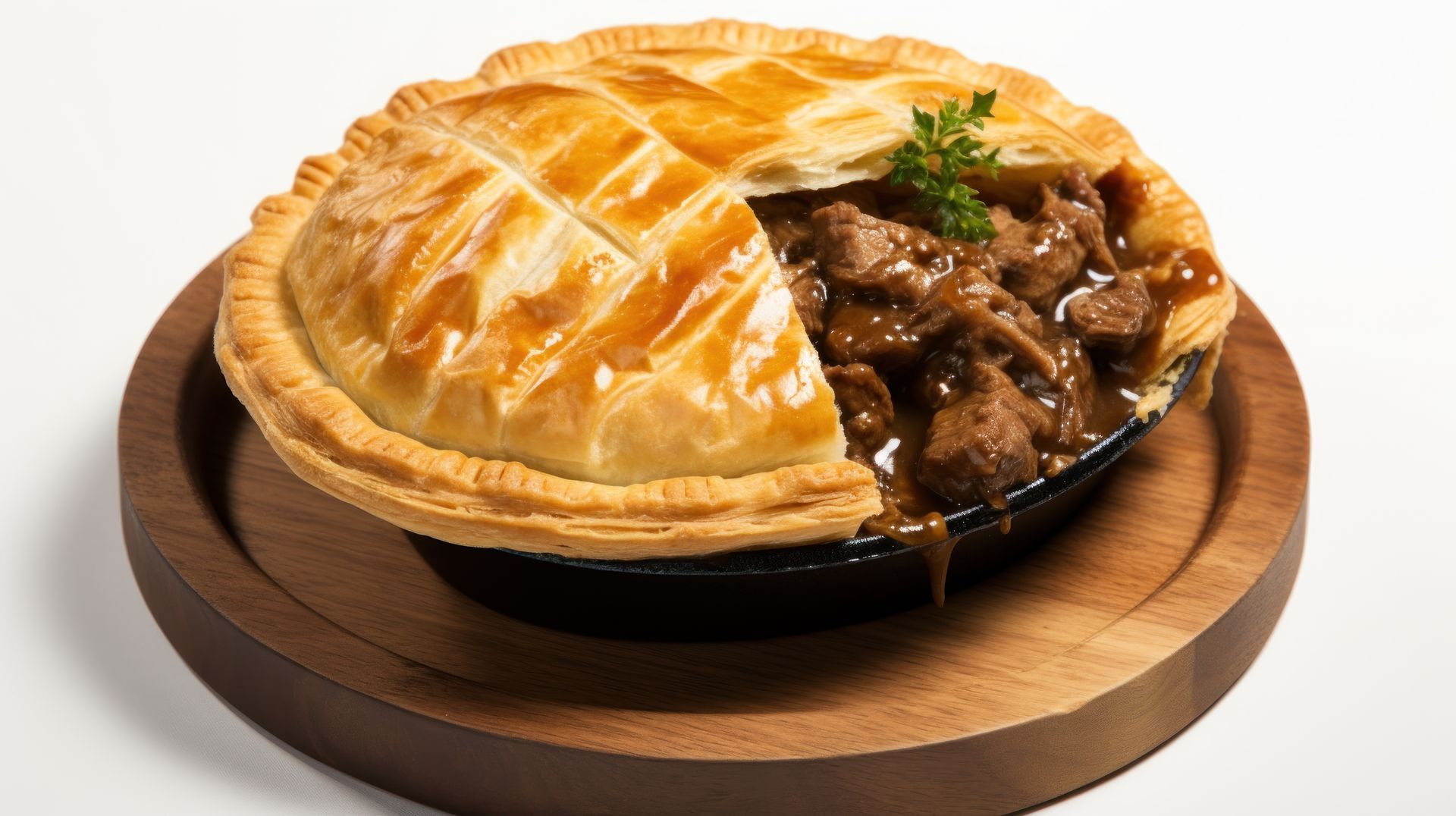 Beef and Guinness Pie with Sweet Potato Wedges, and Seasonal Vegetables