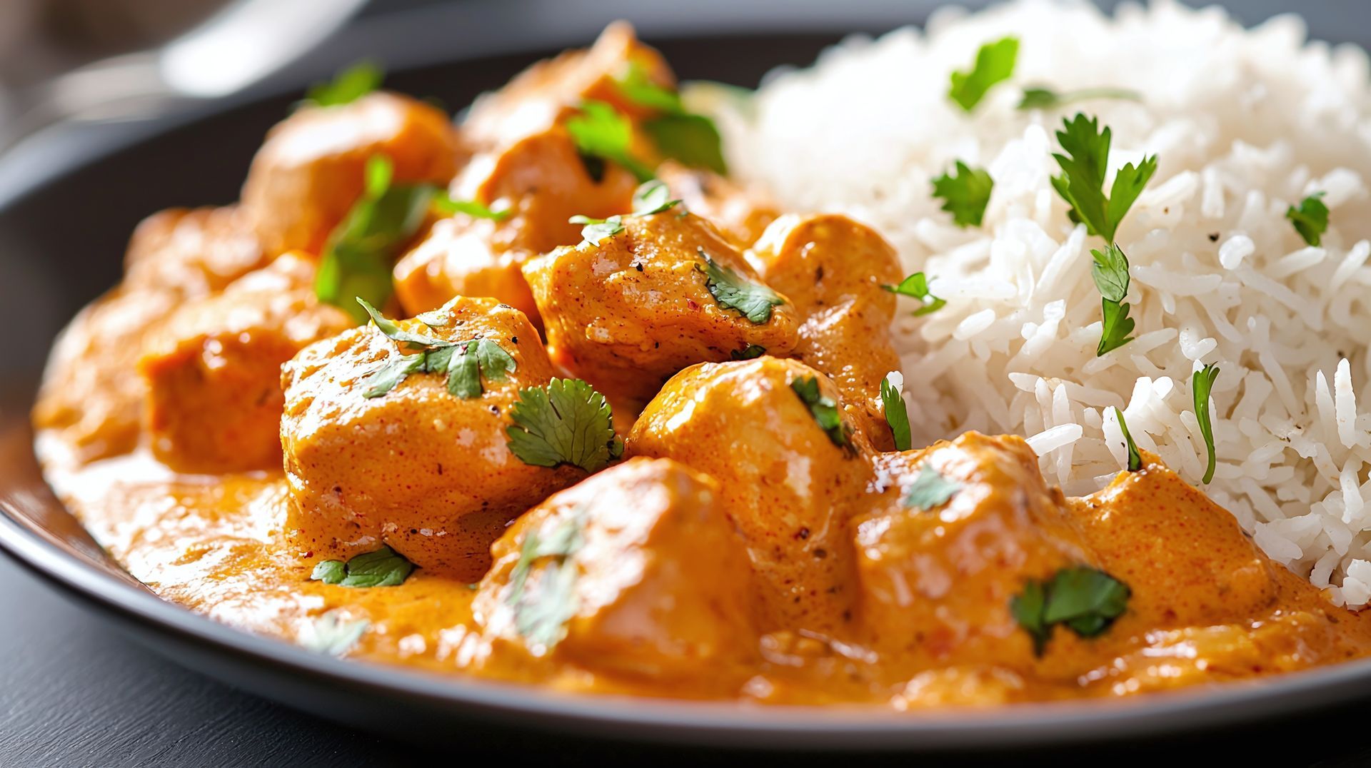 Butter Chicken with Steamed Rice and Seasonal Vegetables 