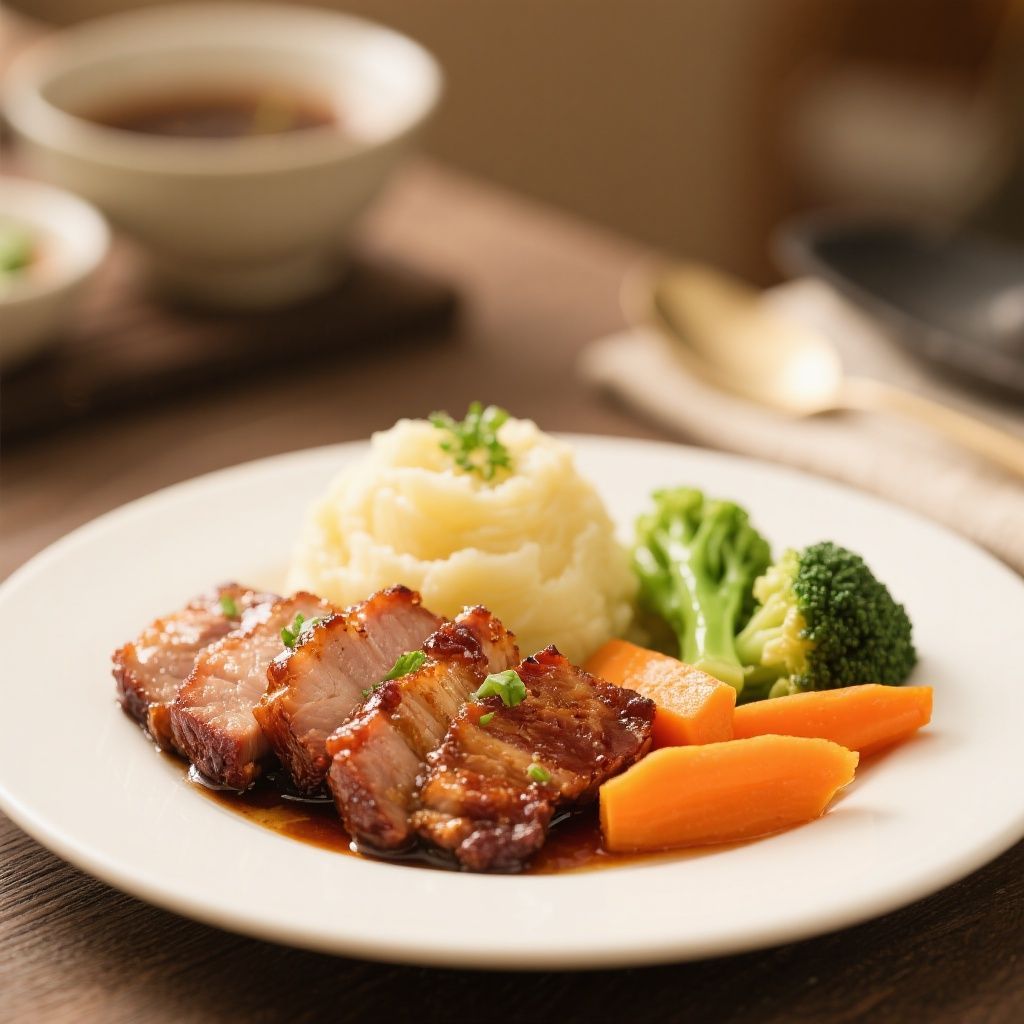 Char Siu Pork, Mash Potato and Seasonal Vegetables 