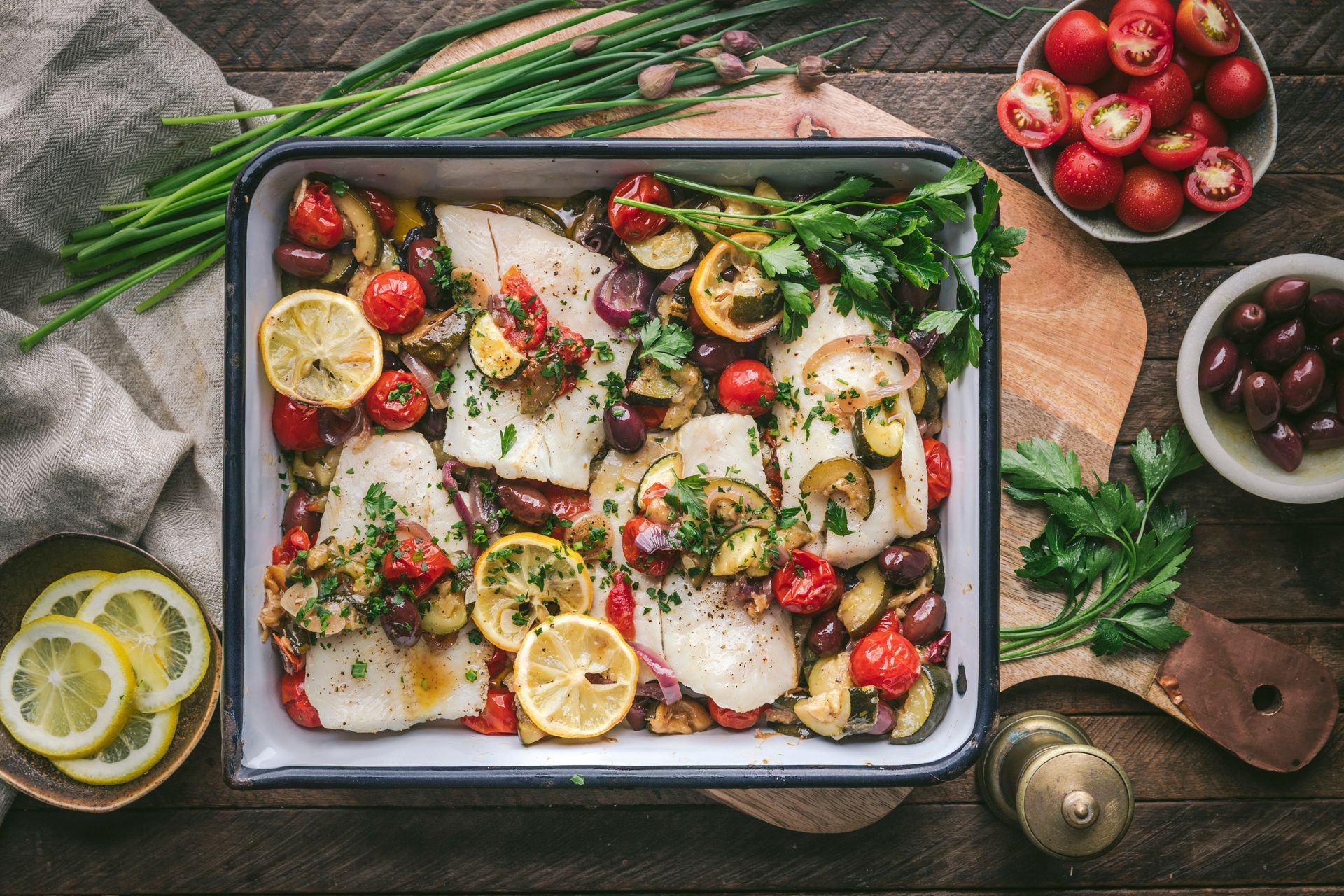  Mediterranean Fish Bake with Saffron Rice and Seasonal Vegetables 