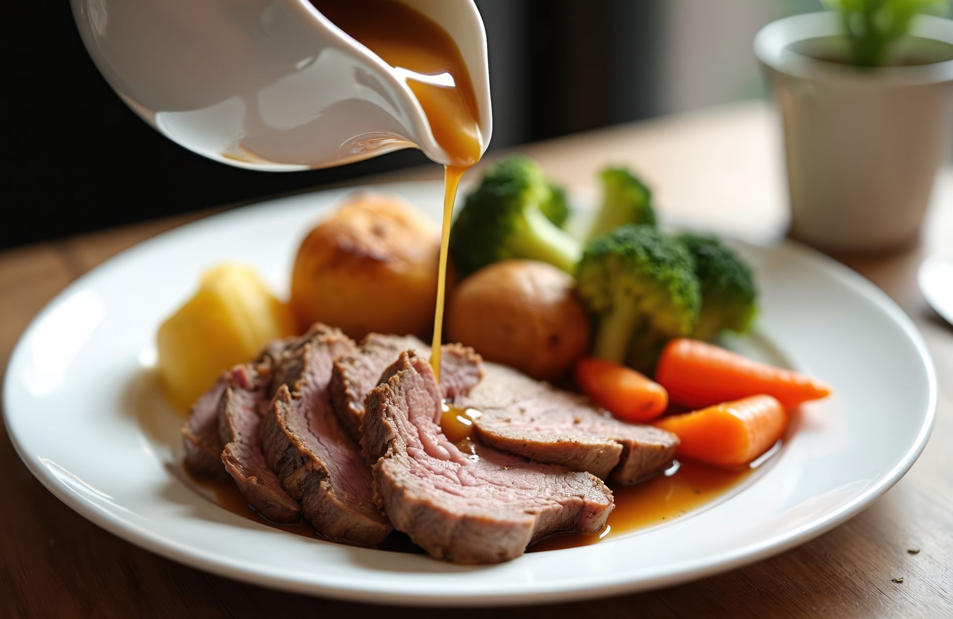 Roast Pork Dinner with Roast Potato, Roast Pumpkin, Vegetables, Gravy 