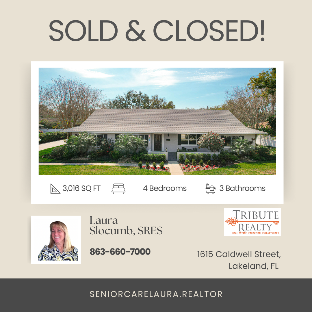 Real estate graphic: Sold house with text, contact info, and Tribute Realty logo.