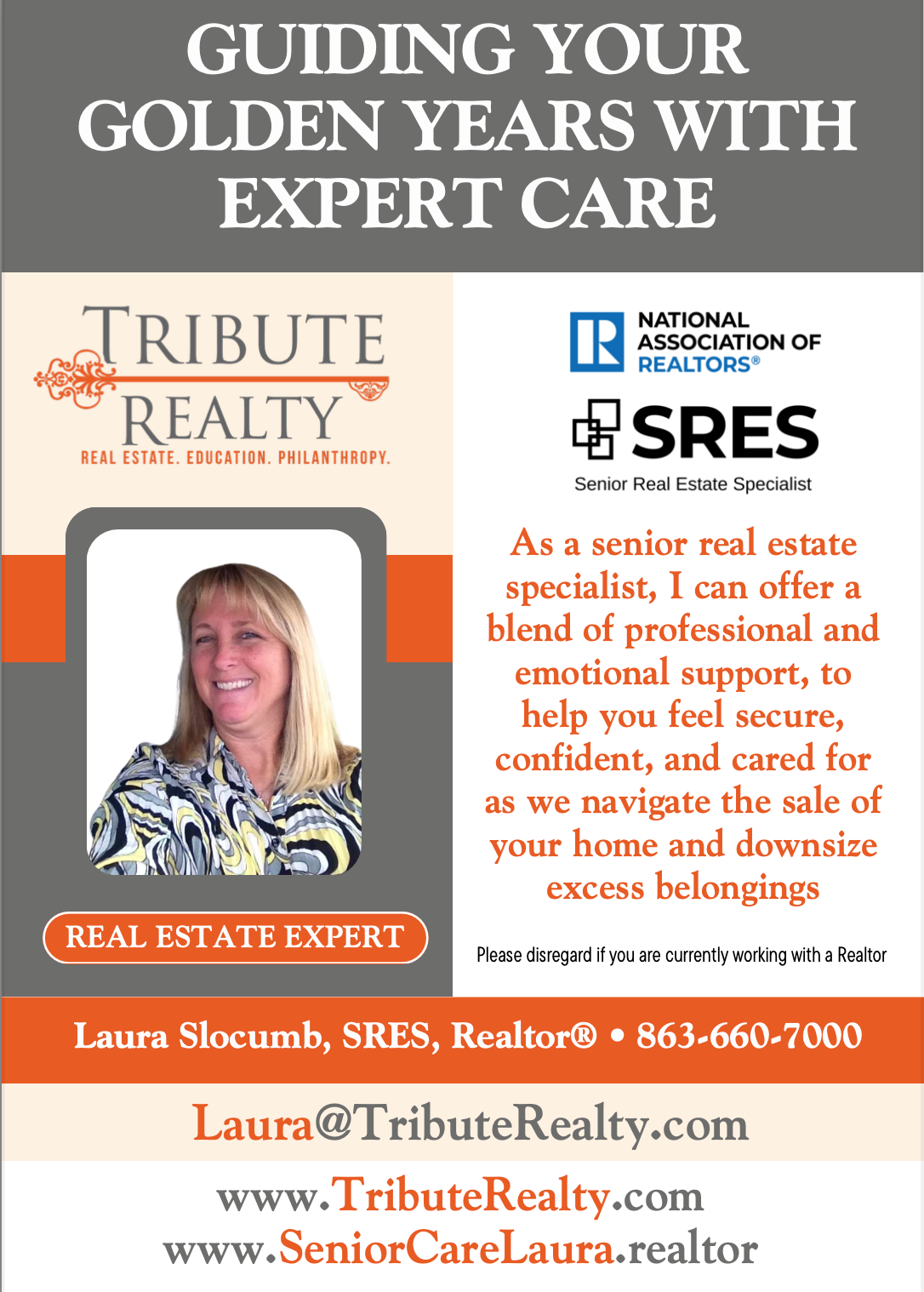 Real estate ad: woman with blonde hair, Realtor, offers senior care during home sale, downsizing.