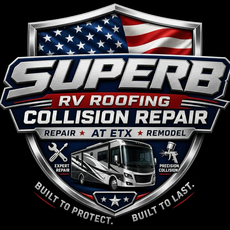 SUPERB RV Roofing Collision Repair logo with American flag, RV graphic, and &ldquo;Built to Protect. Built to Last.&rdquo;