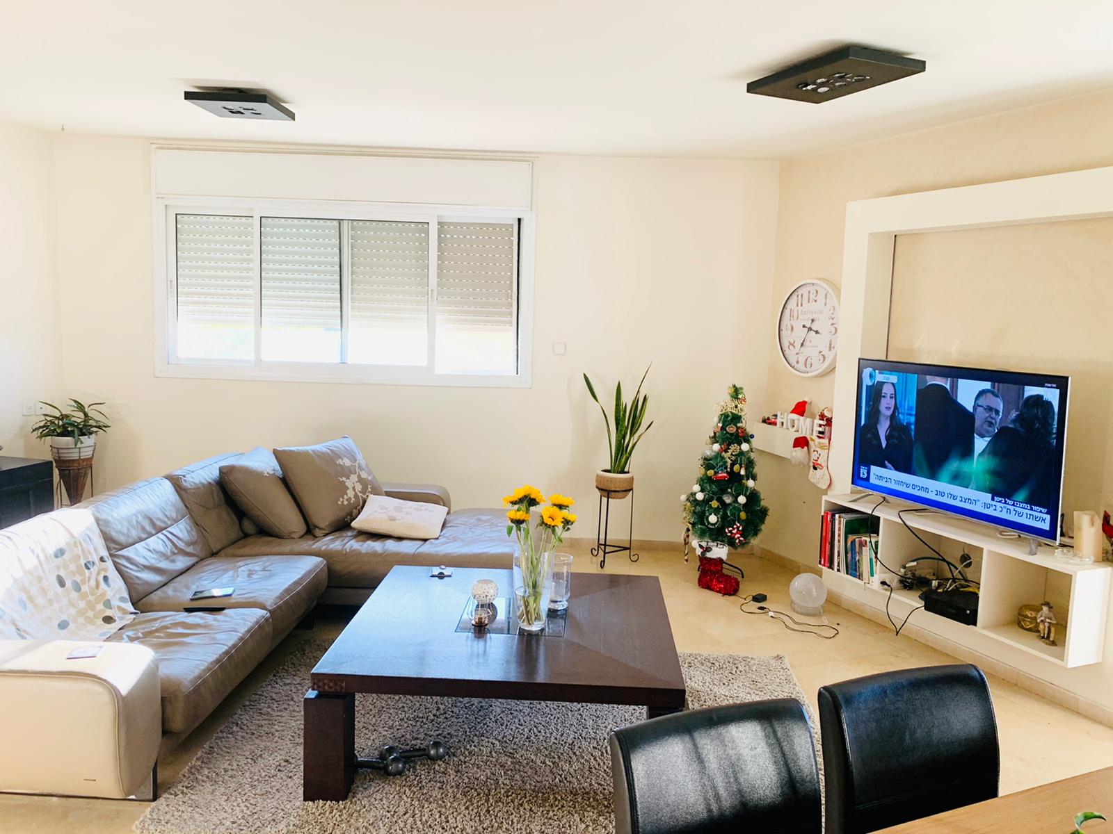 סלון עם ספה, שולחן, כיסאות וטלוויזיה.