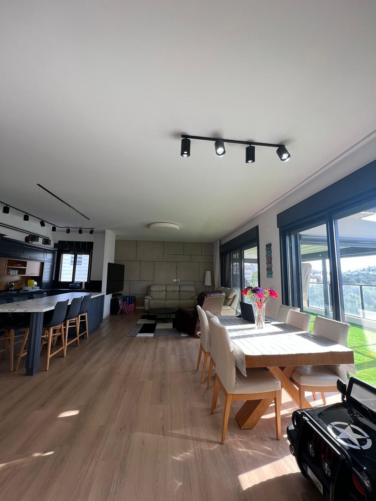 סלון גדול עם שולחן אוכל וכיסאות