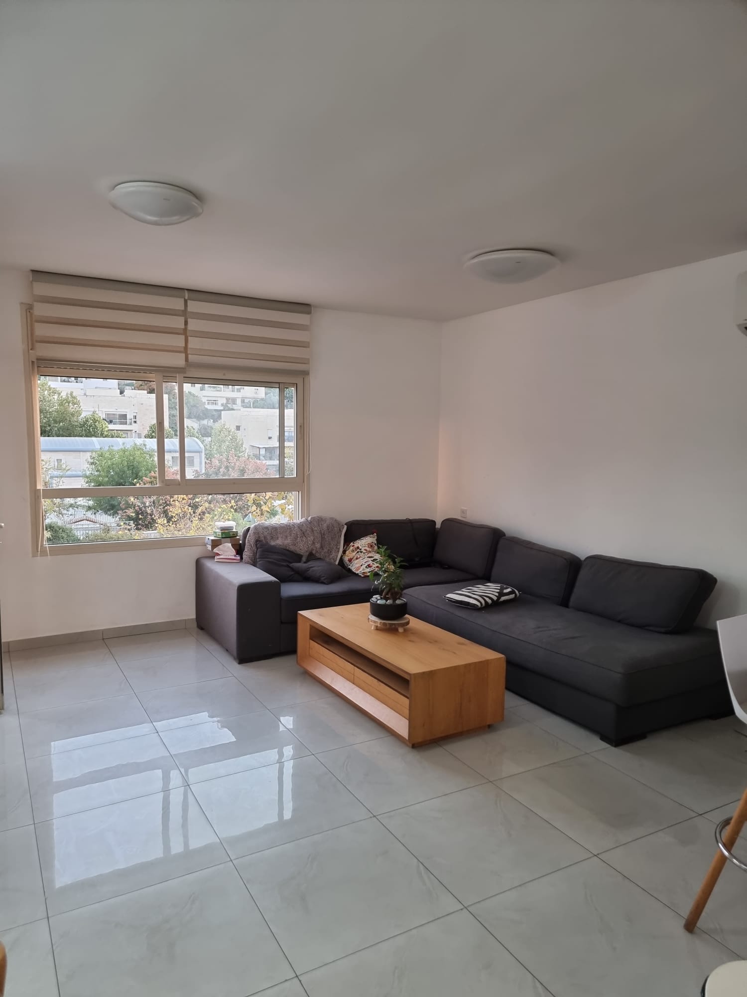 סלון עם ספה חלקית גדולה ושולחן קפה.