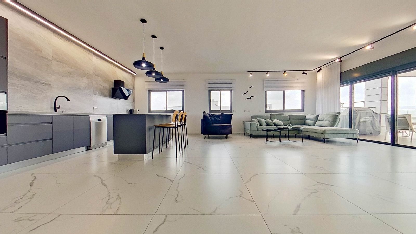 סלון עם ספה, כיסאות ומטבח.