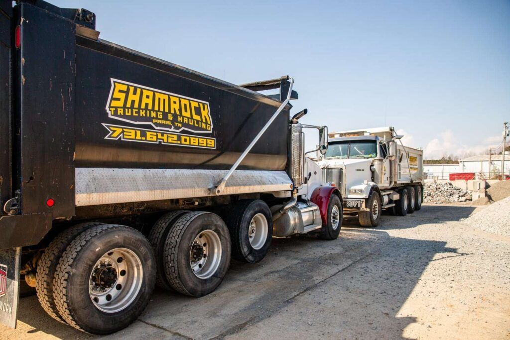 Two dump trucks are parked next to each other on a dirt road.