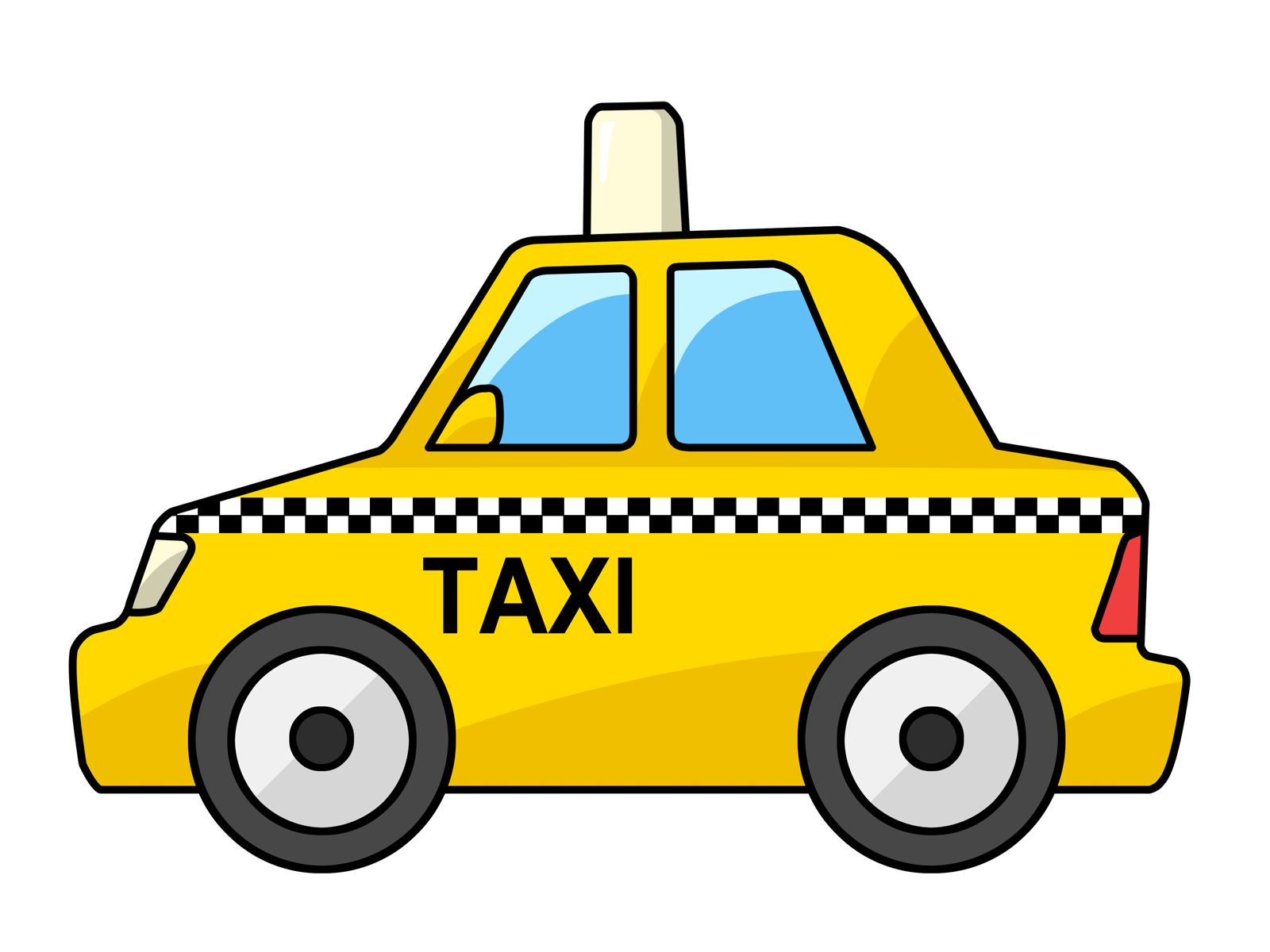 A cartoon illustration of a yellow taxi with a light on top.