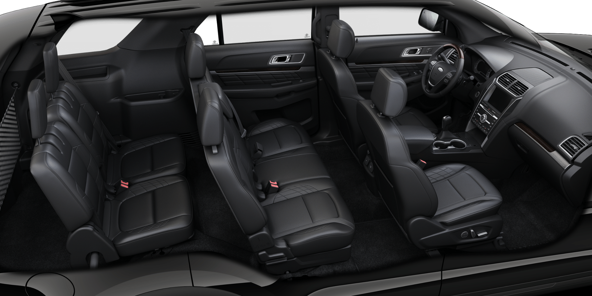 The interior of a black ford explorer is shown.