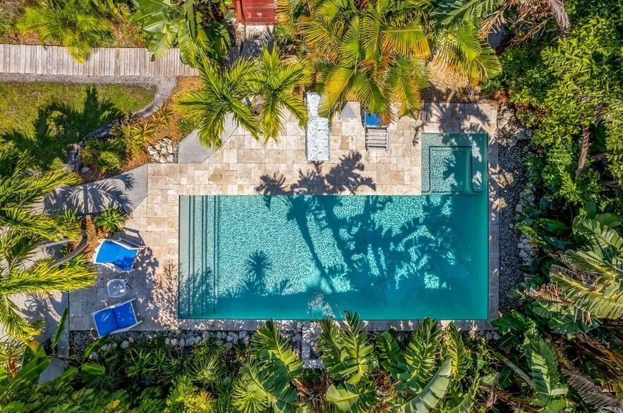 An aerial view of a large swimming pool surrounded by palm trees.