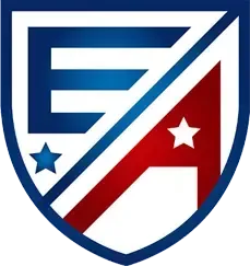 A blue , white and red shield with the letter e and a star on it.