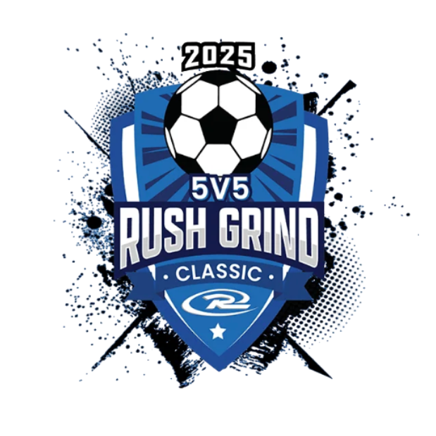 Soccer logo for the 2025 5v5 Rush Grind Classic in blue, black, and white. Features a soccer ball.